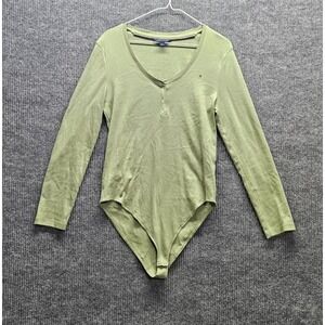Tommy Hilfiger Henley Bodysuit Women's Large Olive Green Long Sleeve Snap